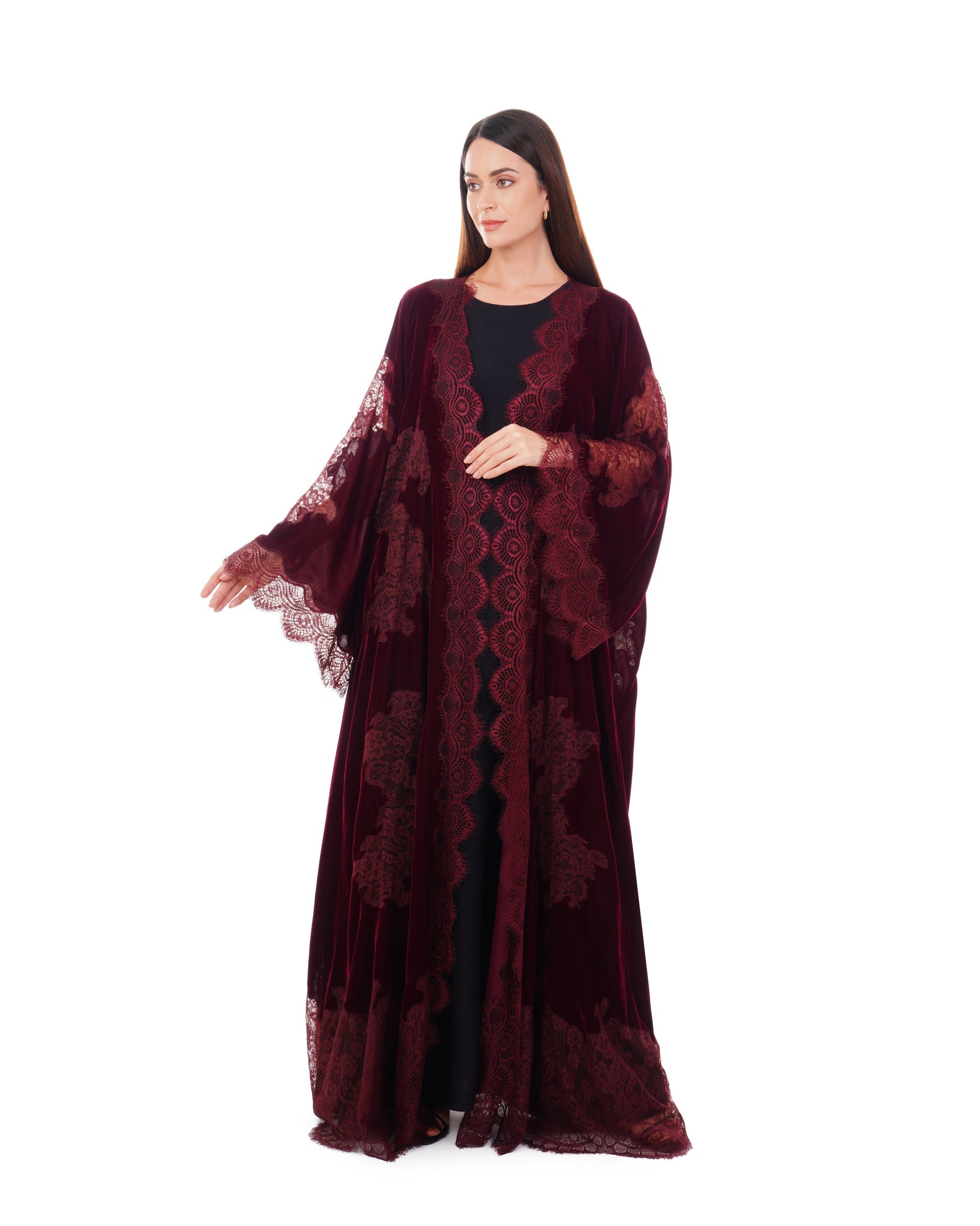 Hanayen Maroon Velvet Abaya With Lace Insert