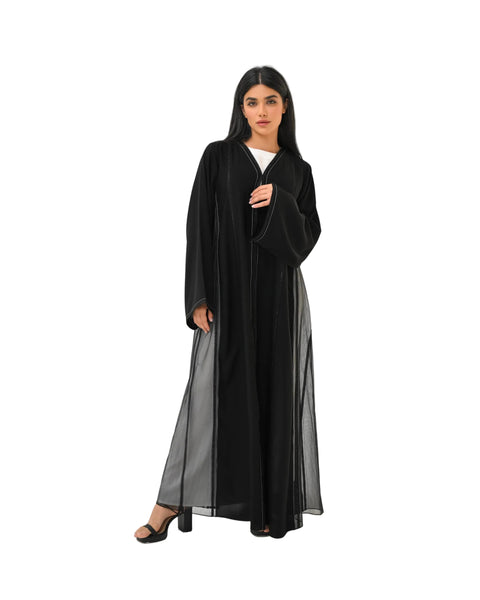 Hanayen Midnight Black Abaya with Sheer Organza Side Panels best abaya online in dubai