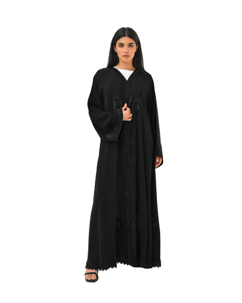Hanayen Midnight Noir Abaya with Tonal Floral Appliqué & Scalloped Lace Hem best abaya online in dubai