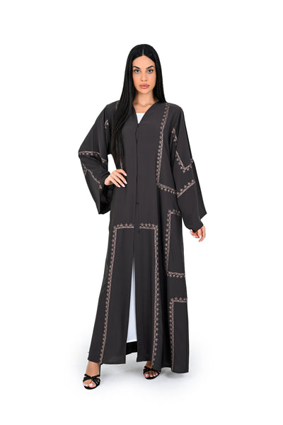 Hanayen Modern Abaya with Geometric Paneled Embroidery best abaya online in dubai