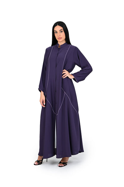 Hanayen Modern Deep Purple Abaya with Contrast Geometric Piping best abaya online in dubai