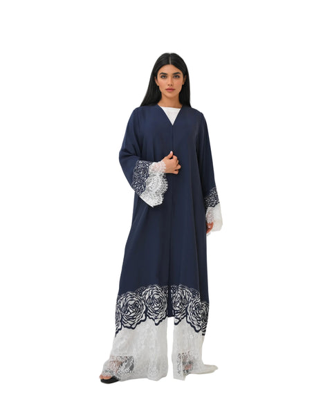 Hanayen Navy Blue Abaya with Embroidery and Contrast Lace Trim best abaya online in dubai