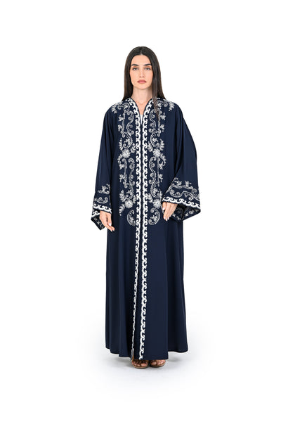 Hanayen Navy Blue Abaya with Intricate Artisanal White Scroll Embroidery best abaya online in dubai