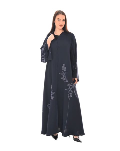 Hanayen Navy Blue Floral Abaya Adorned with Swarovski® Crystals best abaya online in dubai