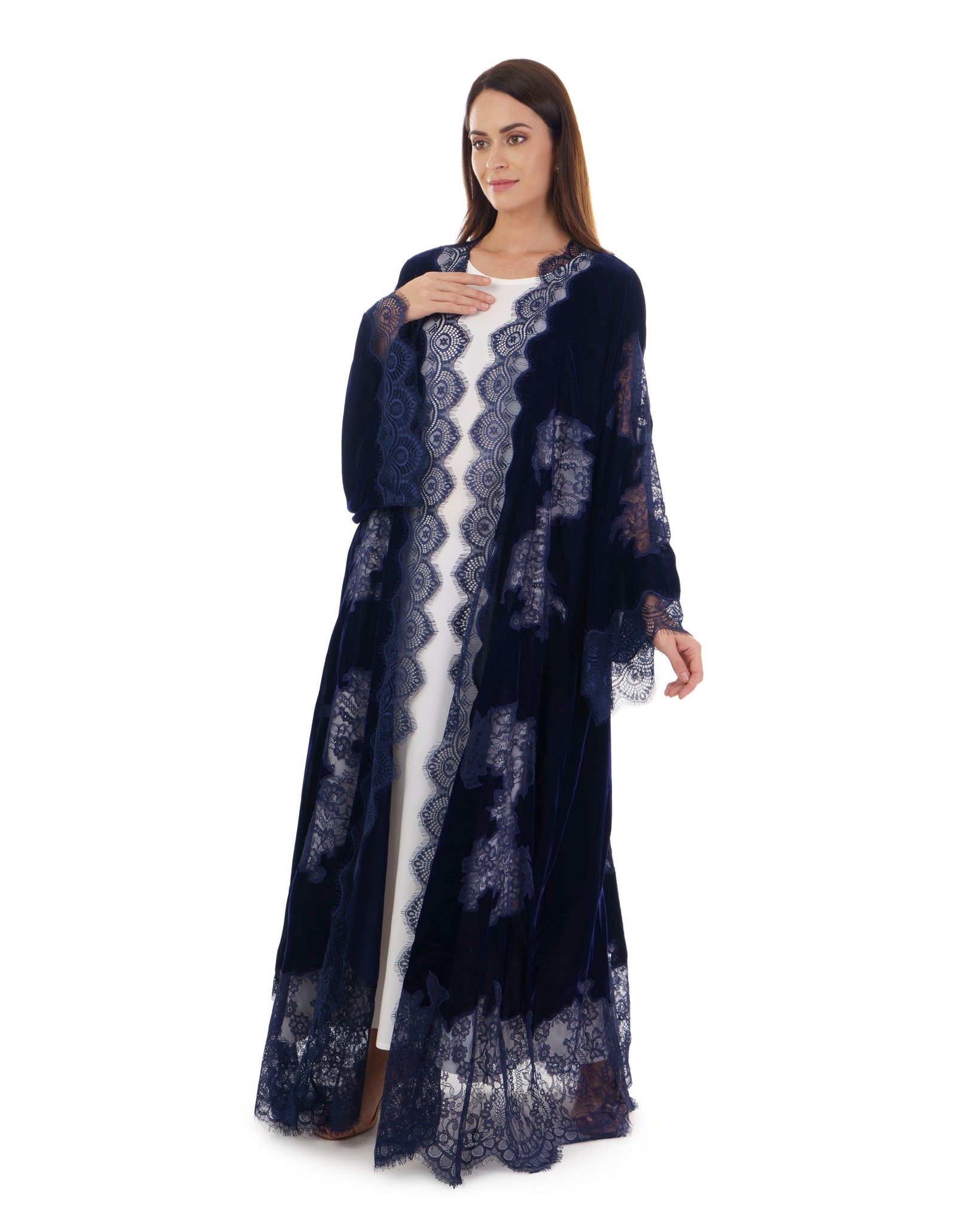 Hanayen Navy Blue Velvet Abaya With Lace Insert