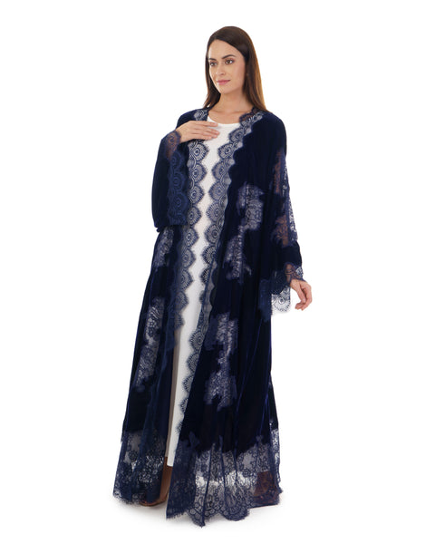 Hanayen Navy Blue Velvet Abaya With Lace Insert