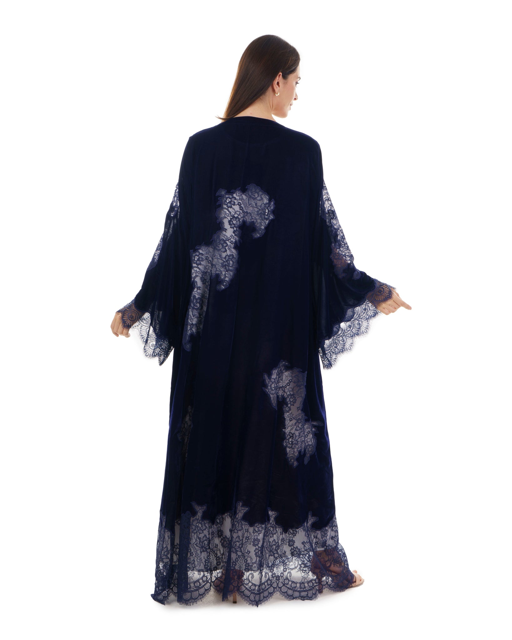 Hanayen Navy Blue Velvet Abaya With Lace Insert