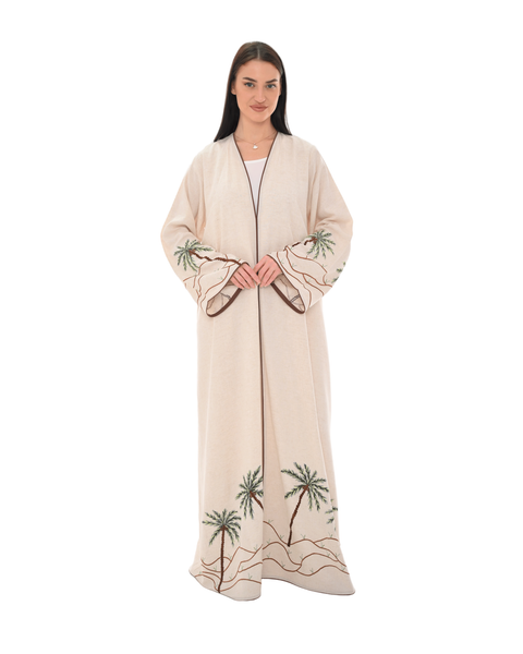 Hanayen Palm Embroidered Beige Abaya best abaya online in dubai