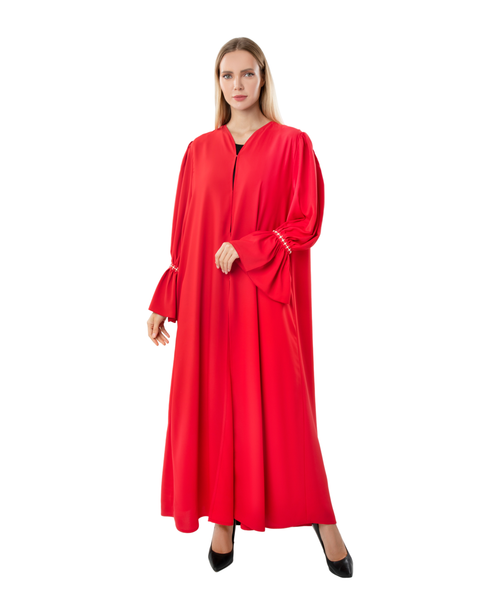 Hanayen Red Abaya with Gathered Sleeves and Crystal Detailing best abaya online in dubai