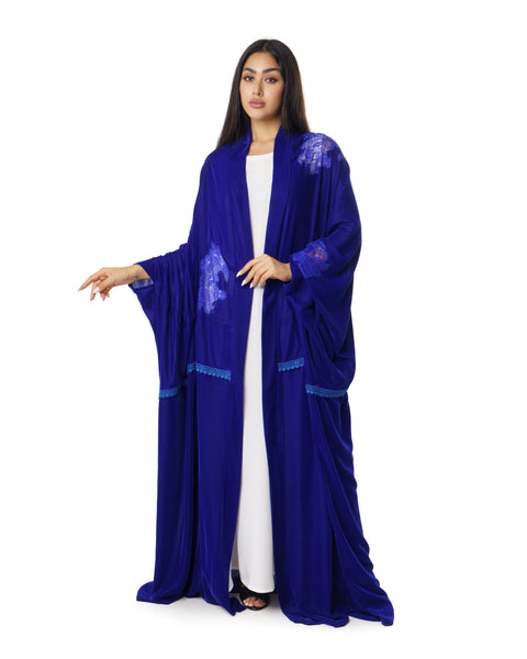 Hanayen Royal Blue Velvet Abaya With Lace Insert