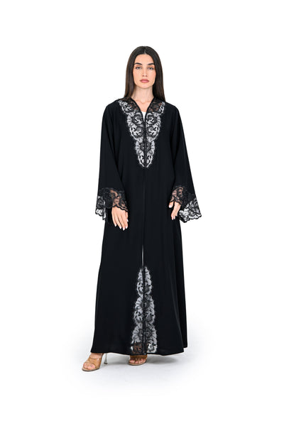 Hanayen Sophisticated Noir Abaya with Artisanal Floral Lace Appliqué and Crystal Accents best abaya online in dubai