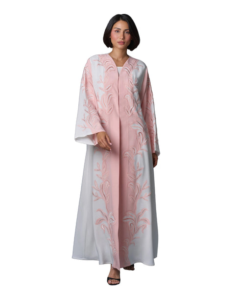 Hanayen Two-Tone Luxury Open Abaya with Intricate Beaded Leaf Embroidery best abaya online in dubai