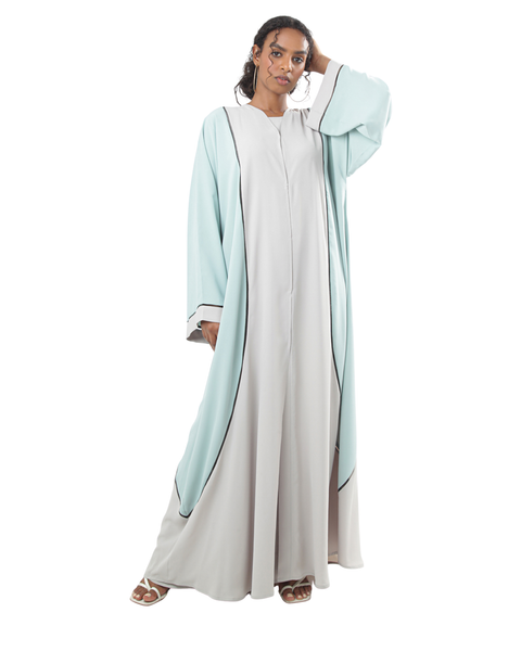 Hanayen Two-Tone Mint & Grey Abaya with Black Piping best abaya online in dubai