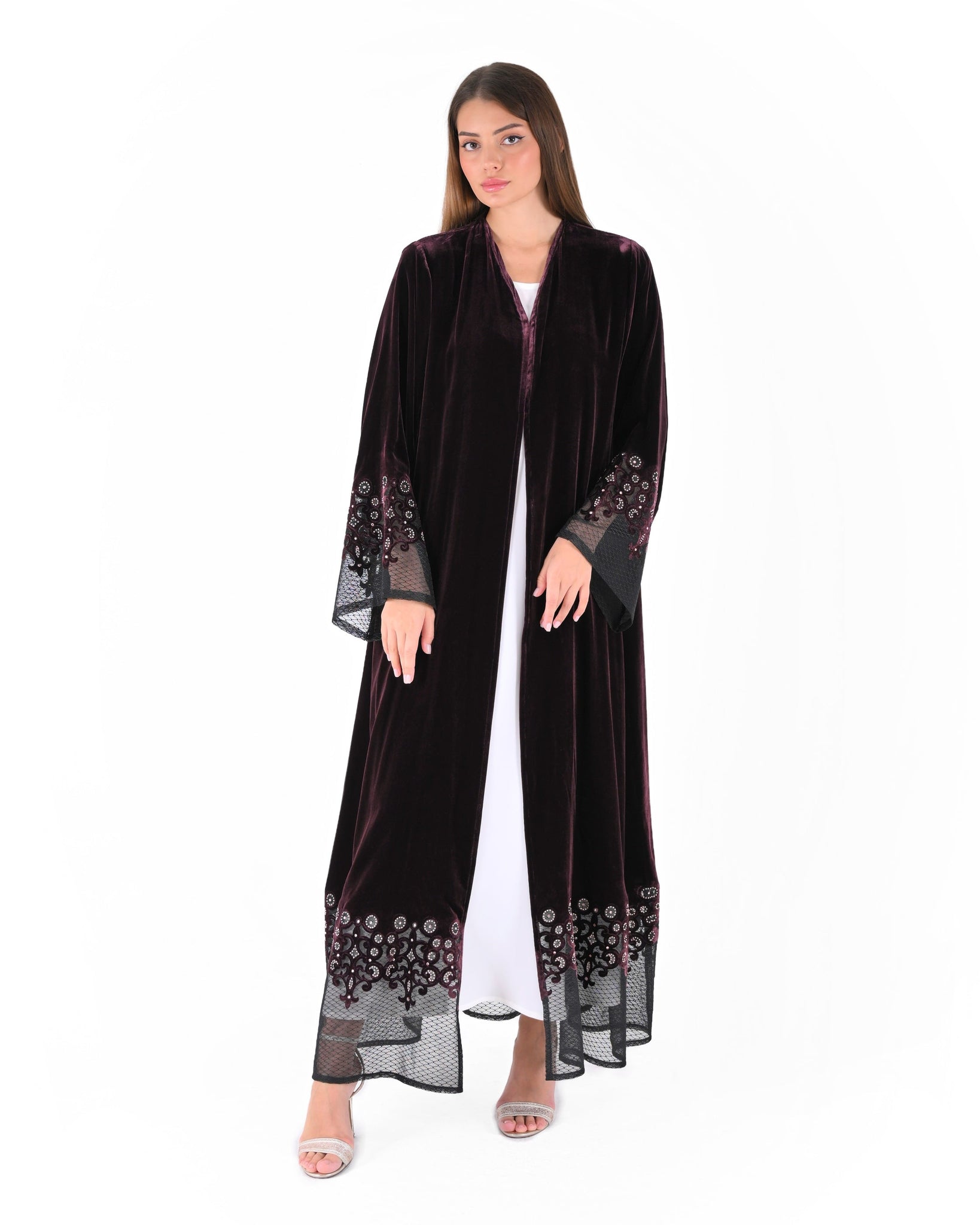 Hanayen Velvet Burgundy Abaya with Embroidered Elegance