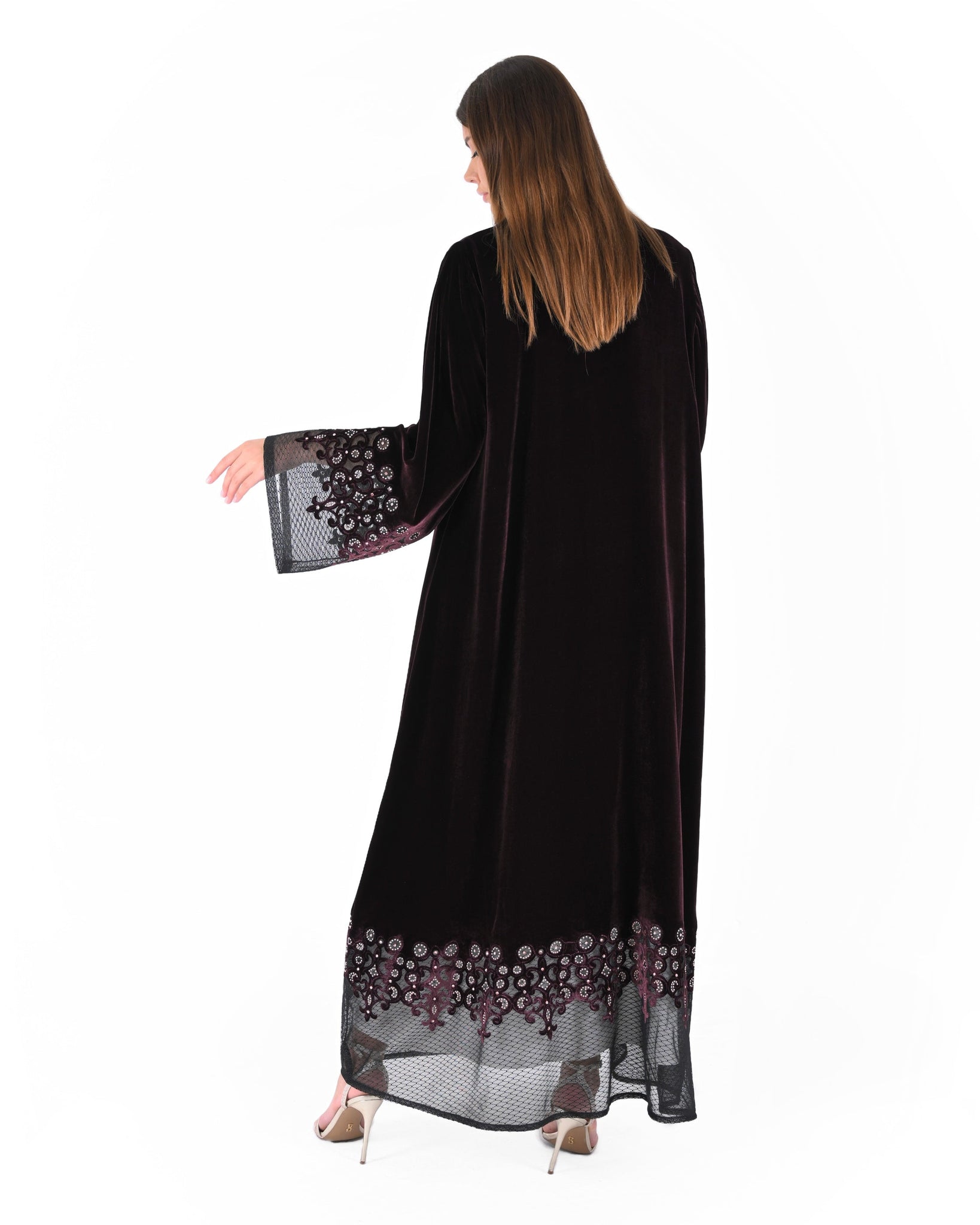 Hanayen Velvet Burgundy Abaya with Embroidered Elegance