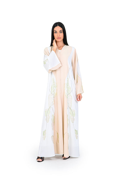 Hanayen White & Beige Two-Tone Abaya with Wavy Floral Embroidery best abaya online in dubai