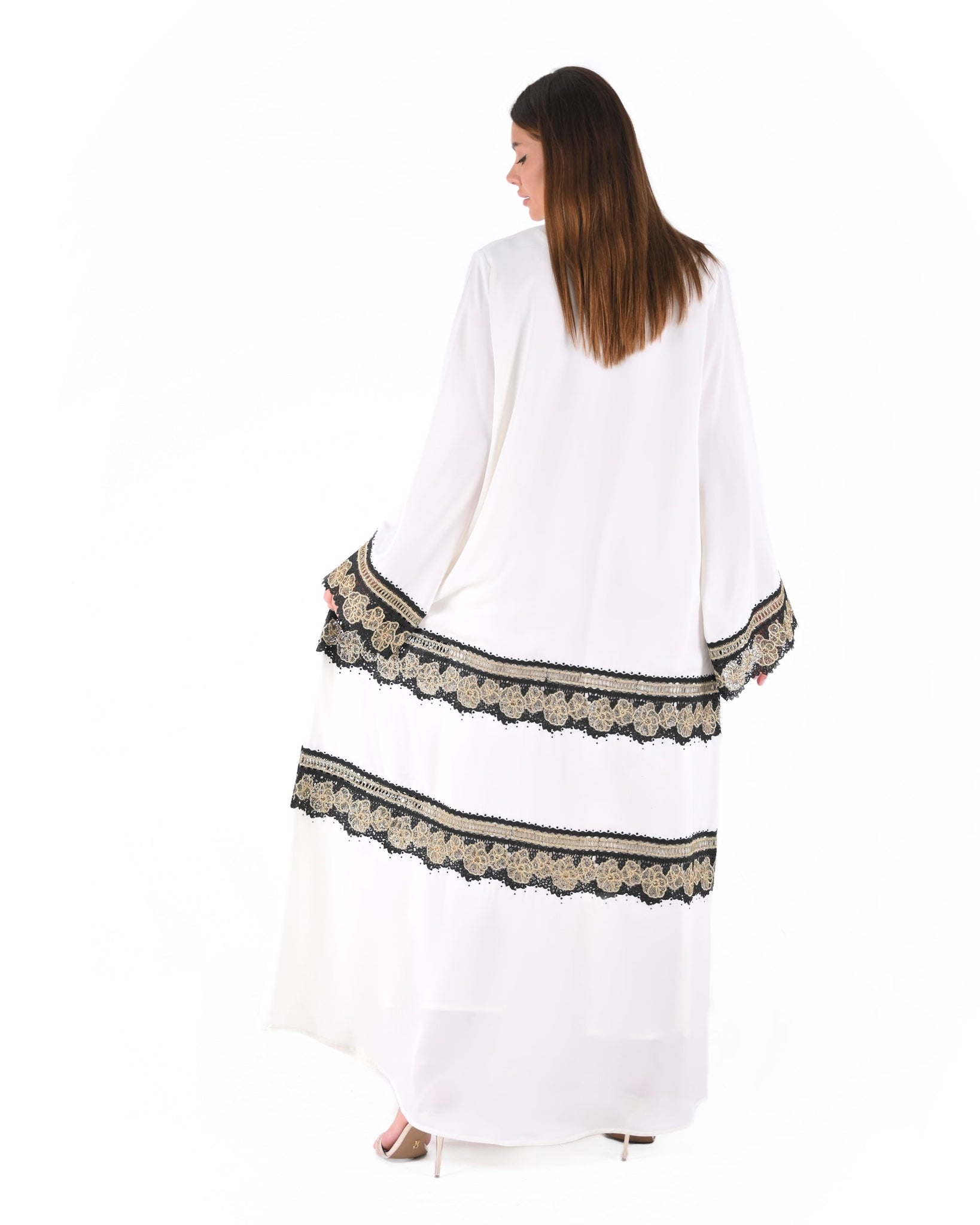 Hanayen White Embroidered Abaya with Black and Gold Lace Details