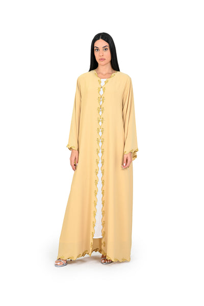 Hanayen Yellow Abaya with Intricate Gold Scalloped Scrollwork best abaya online in dubai