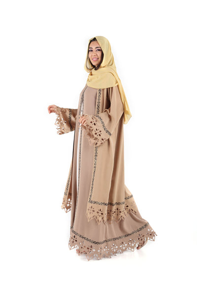 Hanayen Beige Abaya In Laser Cut Design