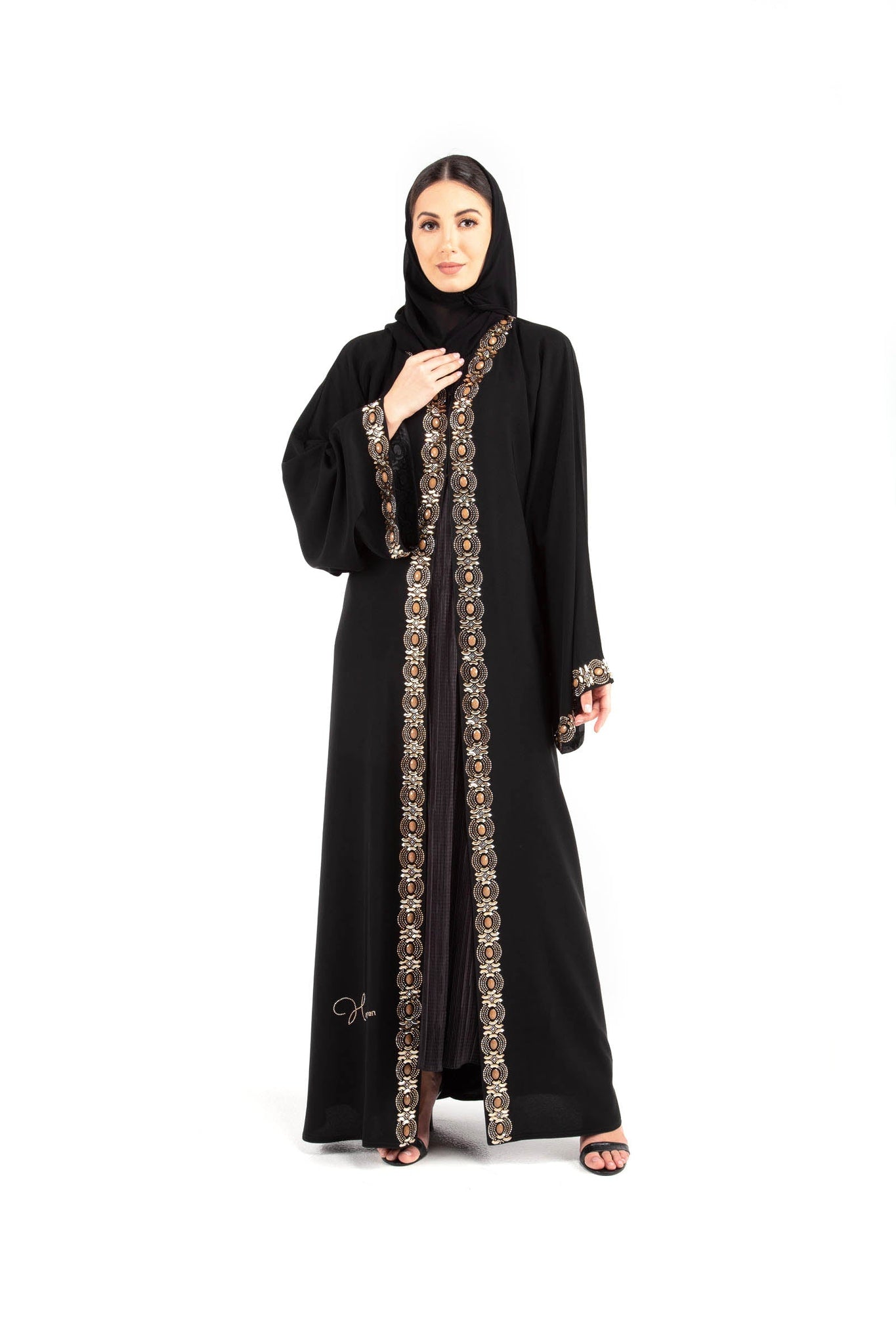 Crepe fabric black abaya with Swarovski crystal design and hijab / sheila by Hanayen