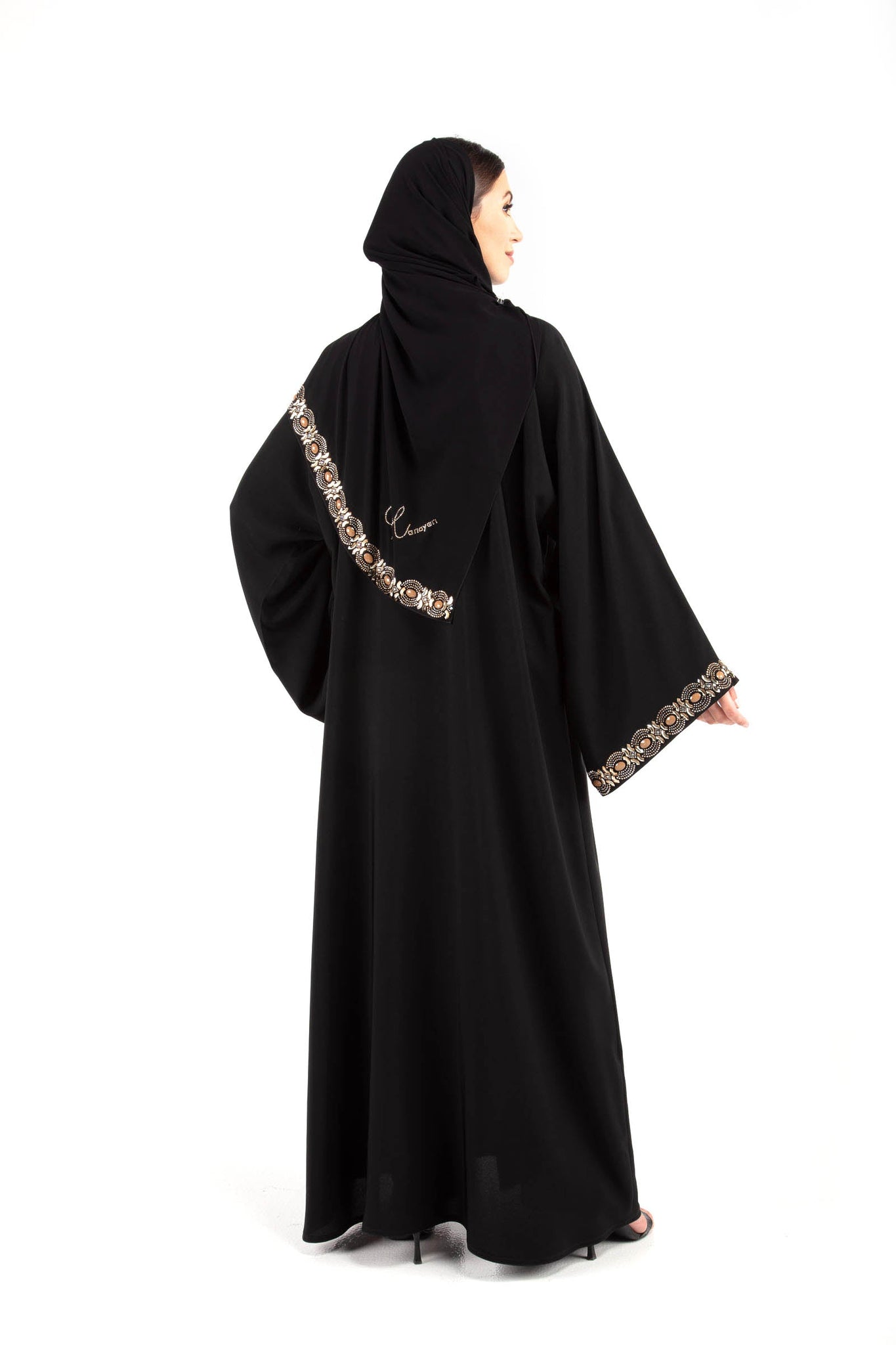 Crepe fabric black abaya with Swarovski crystal design and hijab / sheila by Hanayen