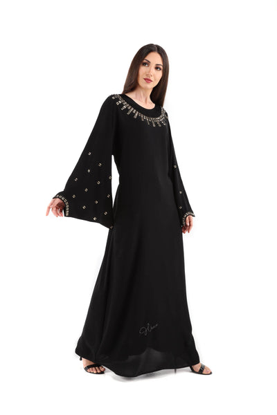 Hanayen Black Abaya With Golden Crystals