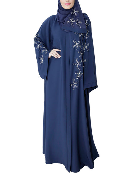 ABAYA Blue Coloured Abaya Front Open With White Threadwork