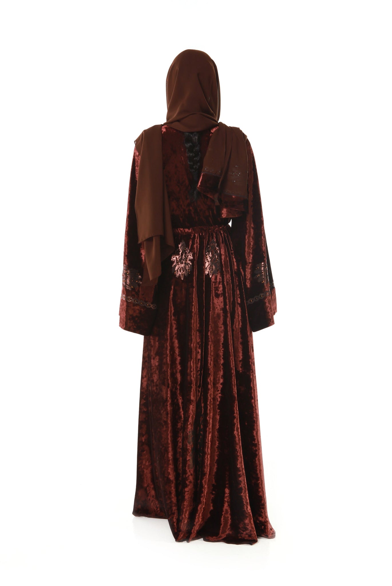 Hanayen Brown Velvet Belted Abaya