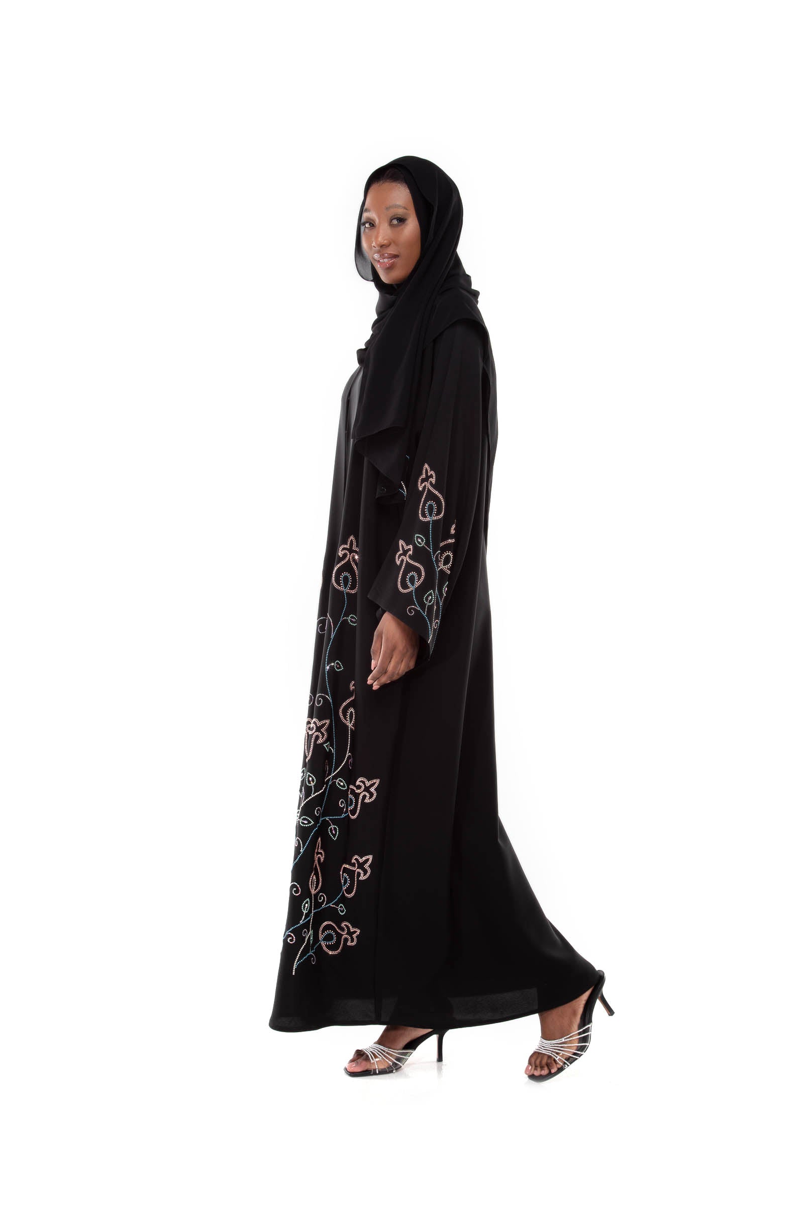Black Abaya With Floral Crystal Elements main image 0