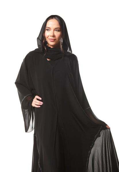 Hanayen Elegant Overlap Neda Abaya With Chiffon Inserts Highlighted With Stone Design