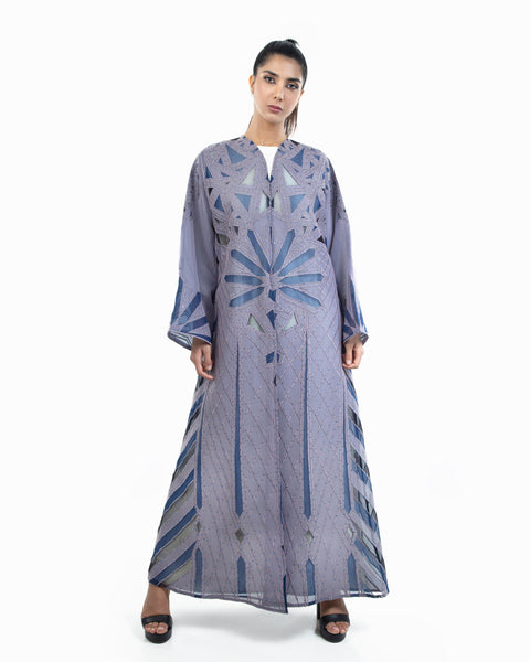 Hanayen Geometric Embroidered Abaya With Details in Crystal