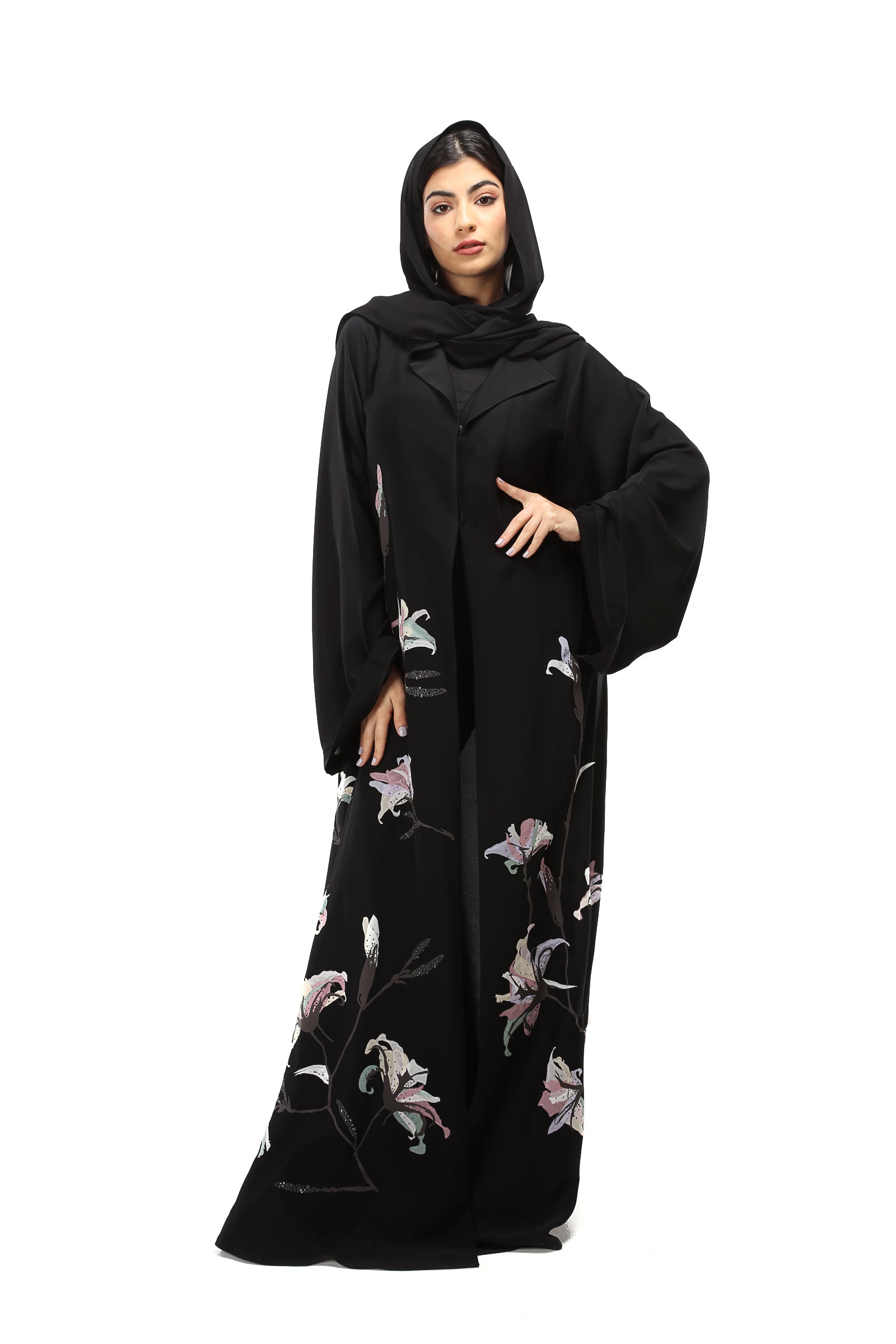 Buy our Black Abaya With Beautiful Floral prints  Hanayen Luxury Abaya,  Jalabiya, Sheila and Hijab Online in UAE