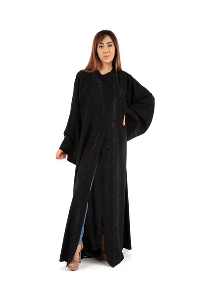 Hanayen Abaya In Black With Embroidered Designs And Crystal Embellishments