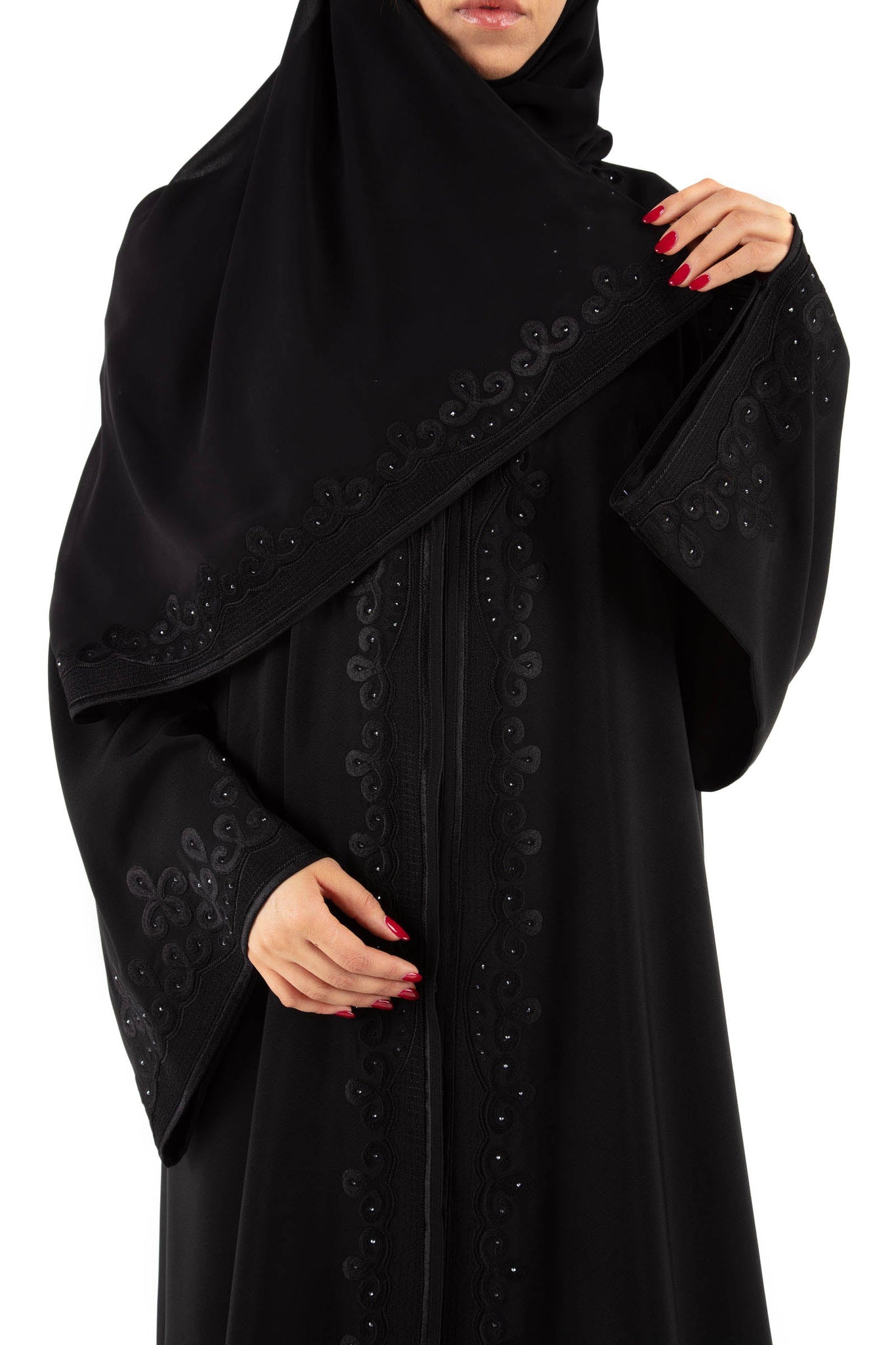 Hanayen Abaya In Black With Embroidered Designs And Crystal Embellishments