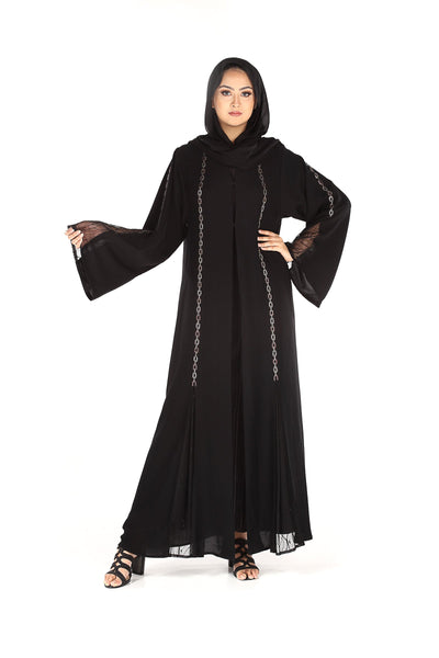 Hanayen Abaya in Black With Linear Crystals