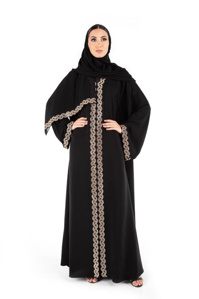 Hanayen Black Abaya Adorned with Golden Crystals