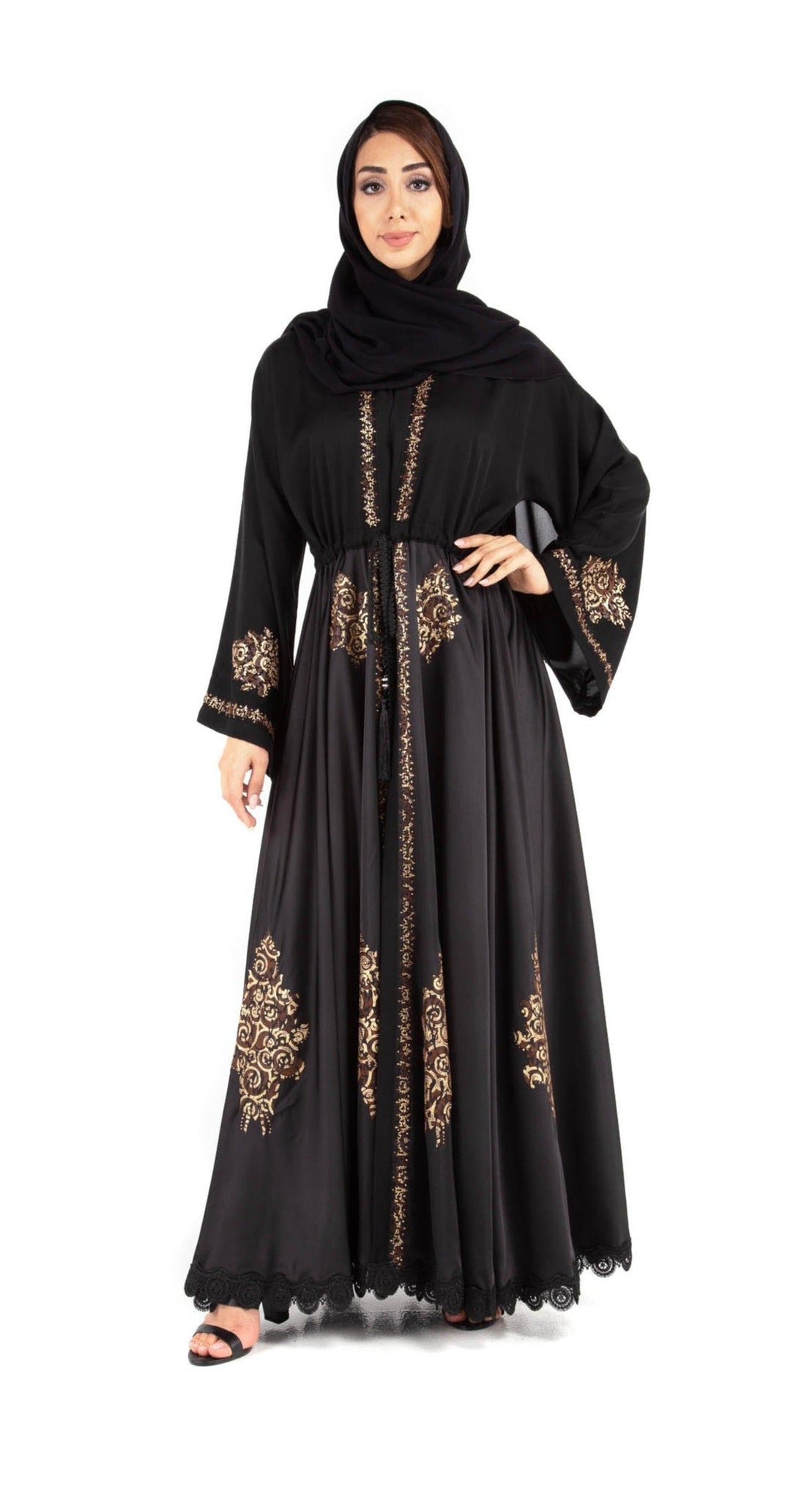 Hanayen Black Abaya With Belt And Prints