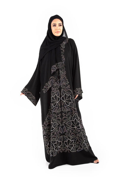 Hanayen Black Abaya With Floral Crystal Elements