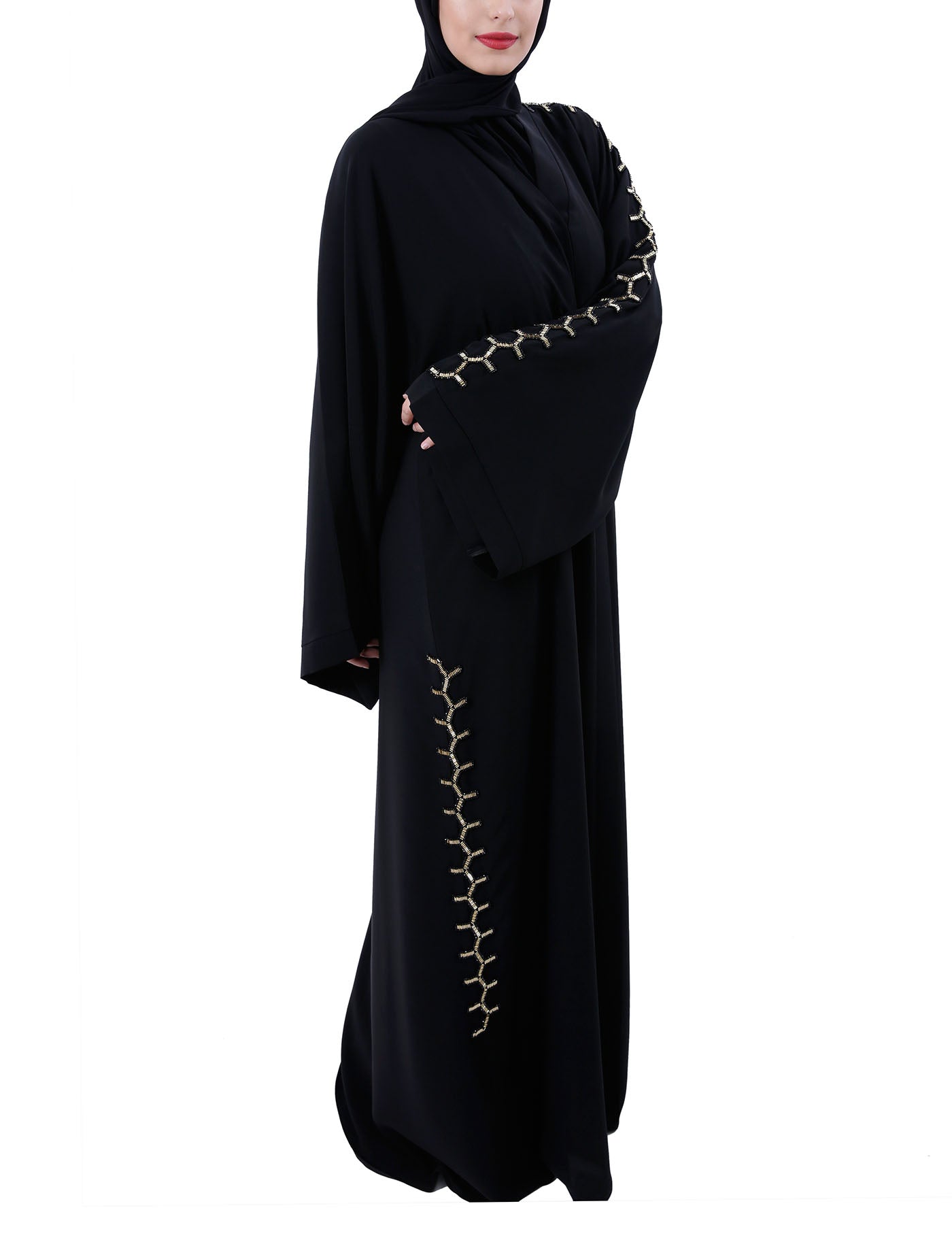 Hanayen Black Abaya With Handmade Work Sleeves