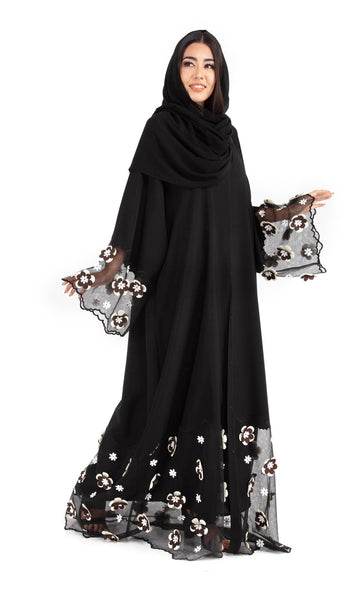 Hanayen Black Abaya With Lace And Embroidery