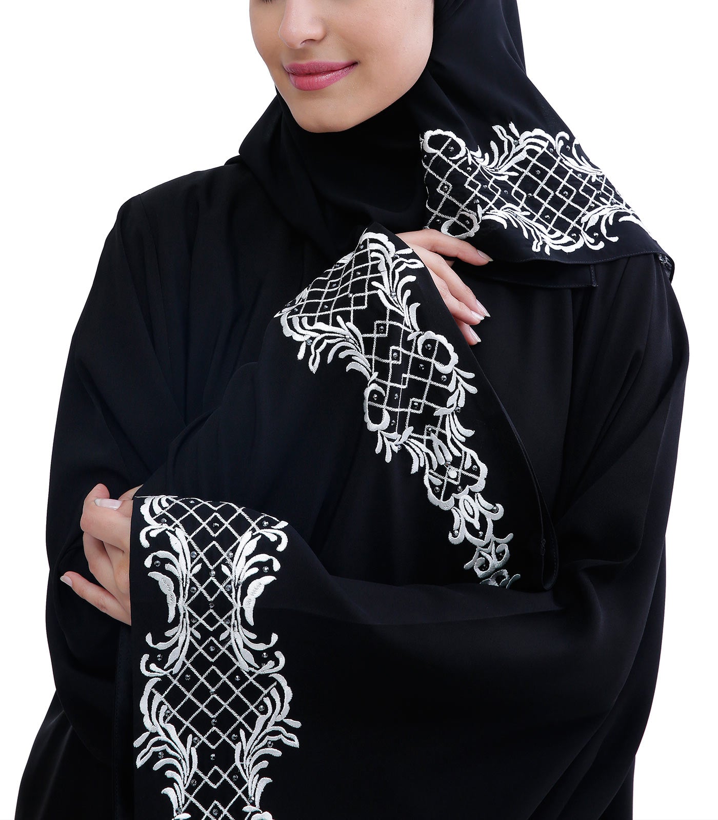 Hanayen Black Abaya With White Embroidery Work
