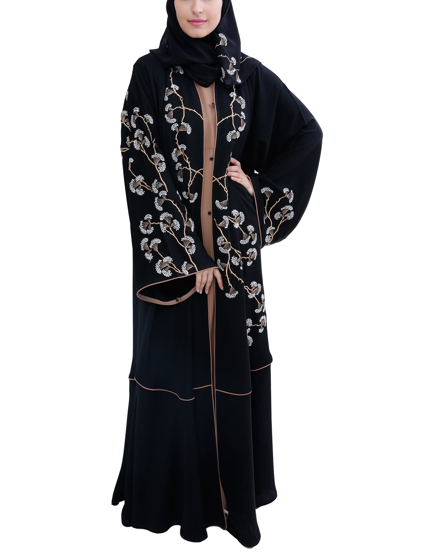 Hanayen Black Abaya With White Flower Embroidery