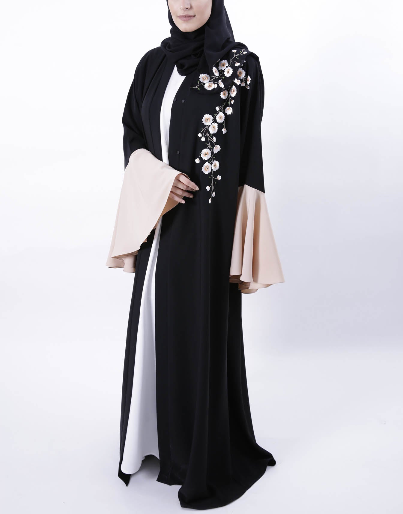 Hanayen Black And Beige Abaya With Floral Design