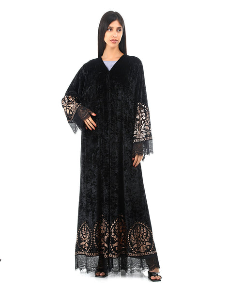 Hanayen Black Velvet Abaya With Lace Design