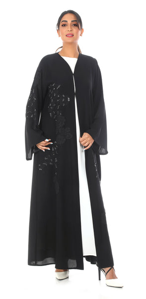 Hanayen Classic Black Abaya With Lace Insert & Crystals