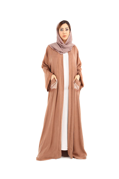 Hanayen Color fabric Abaya with pockets, and embroidery design