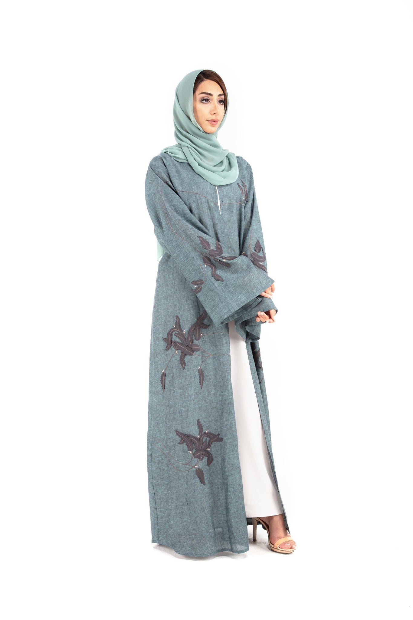 Hanayen Colour Linen Abaya With Floral Embroidery Design