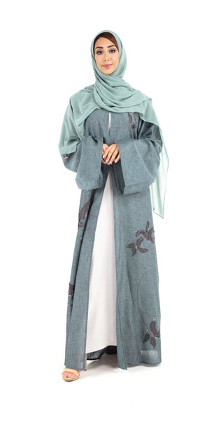 Hanayen Colour Linen Abaya With Floral Embroidery Design