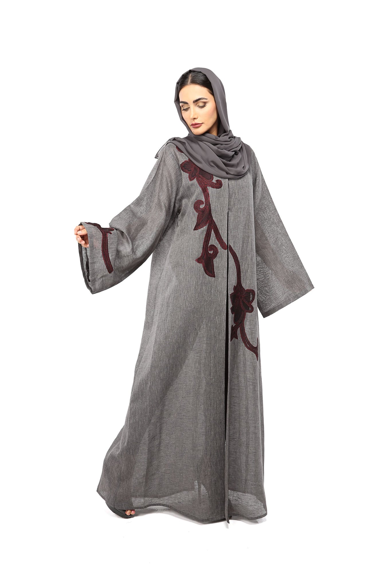Hanayen Dark Grey Linen Embroidered Abaya