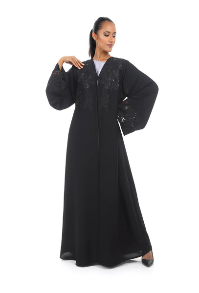 Hanayen Elegant Classic Abaya with French Lace Inserts Complimented with Hand Embroidery Details